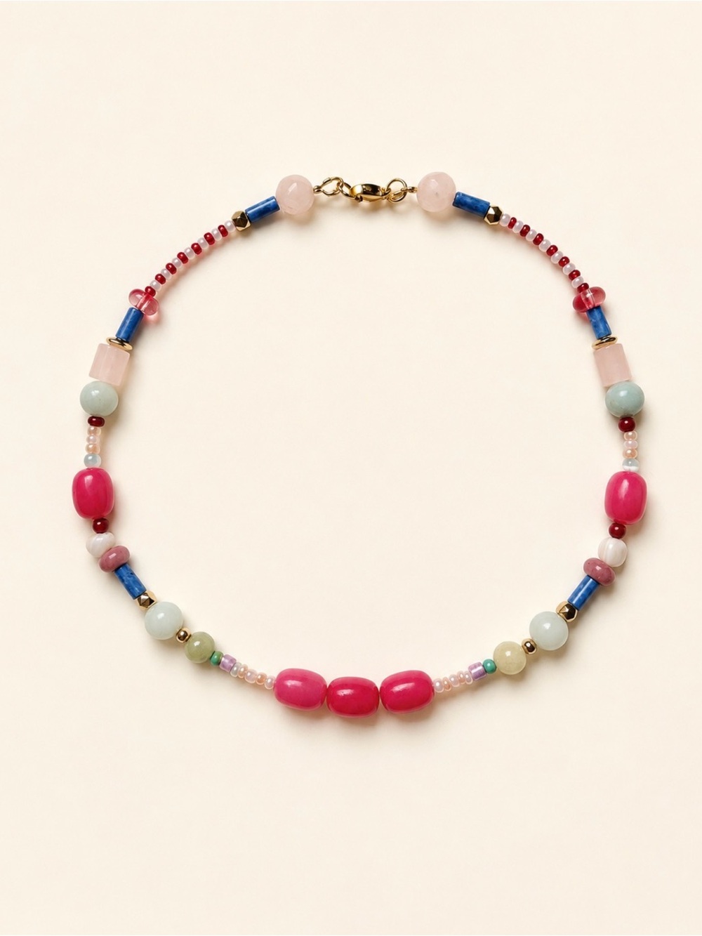 Multicolor Pink Bead Choker Necklace with Gold Accents
